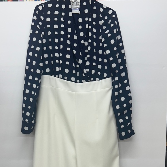 MAGGY LONDON Pants - Navy Blue and White Polka Dot Jumpsuit Size 6
